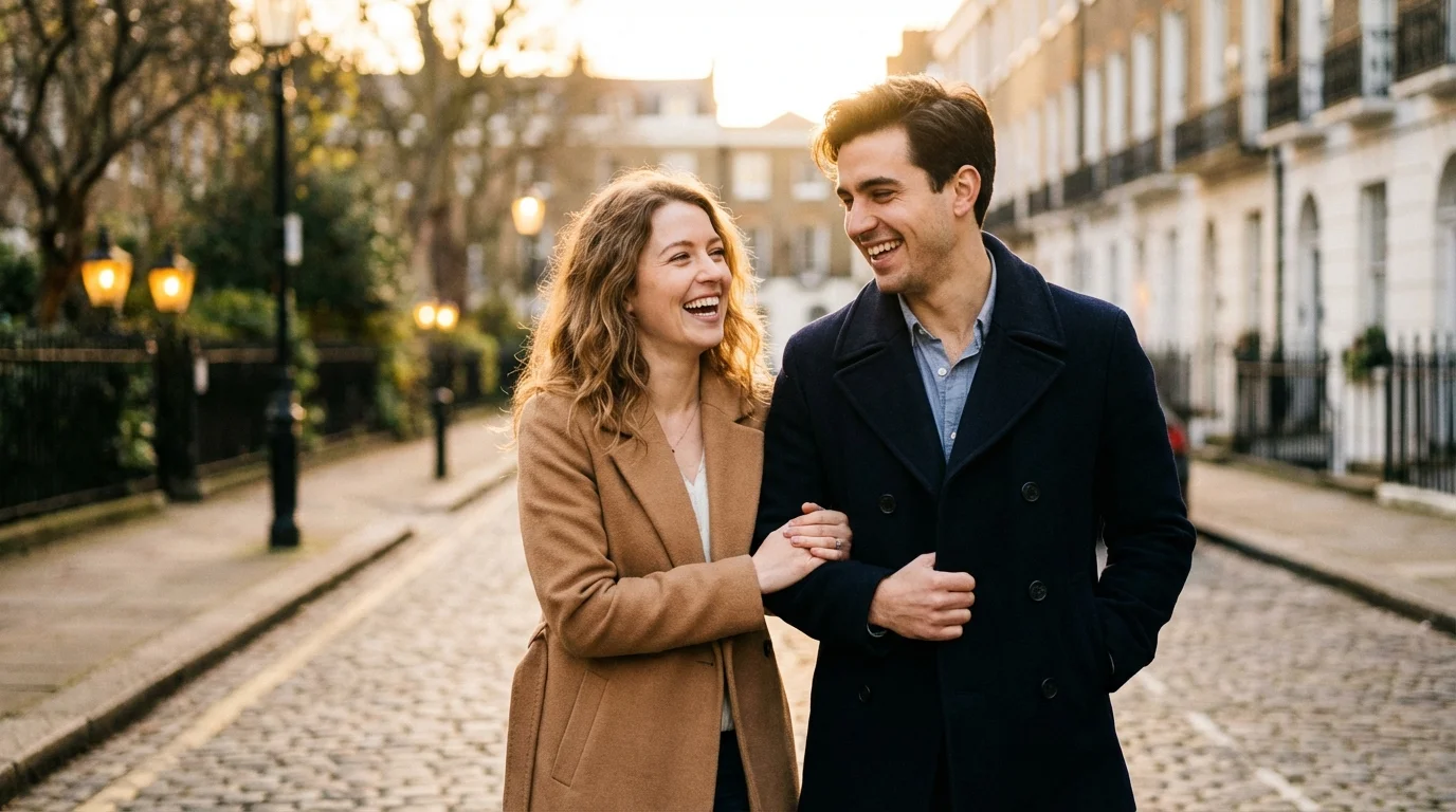 Two people sharing a warm, candid moment together at golden hour
